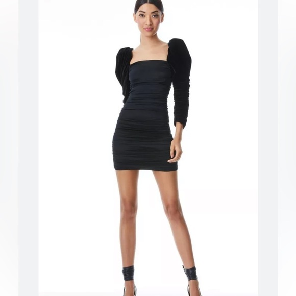 Alice + Olivia Black Velour Puff Sleeved and Silk Dress size 10! - Picture 1 of 10